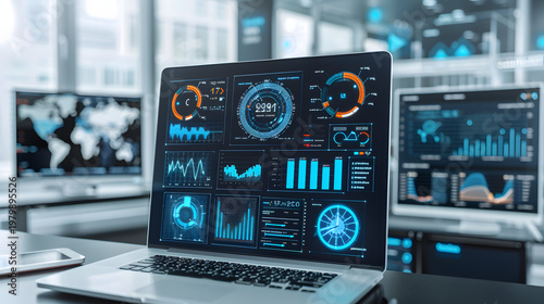 Business analytics dashboard on laptop with multiple screens global data visualization and corporate intelligence concept