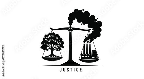 Scales of justice balance a living tree against a smoking industrial factory.