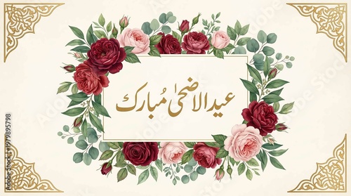Elegant gold calligraphy greeting for Eid al Adha framed by beautiful red and pink roses