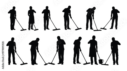 A collection of silhouette figures depicting people diligently cleaning with brooms and mops emphasizing various postures high quality professional detailed modern