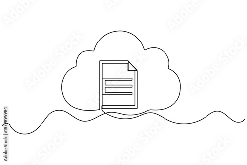 One line art illustration of a digital file being stored in the cloud for technology design