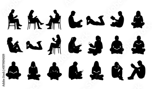People reading book silhouette vector set with sitting standing and relaxing poses isolated on white background
