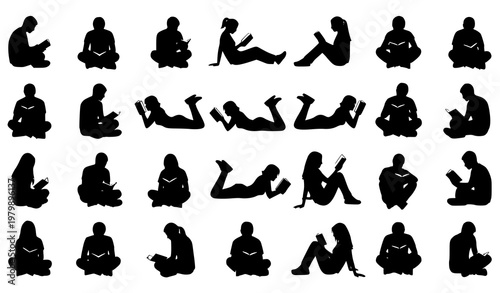 People reading book silhouette collection with various relaxed poses lifestyle vector set isolated on white background