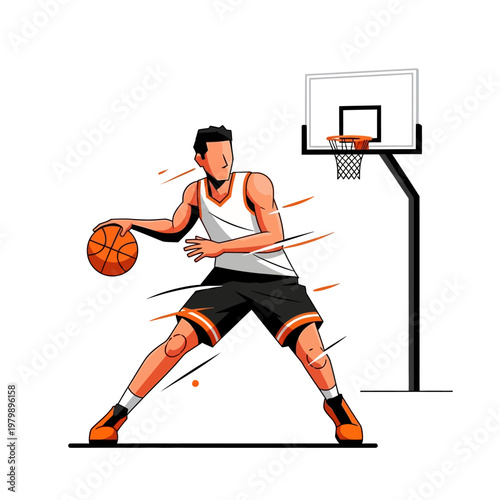 Basketball Player Dribbling Ball Near Hoop, Dynamic Sport Illustration
