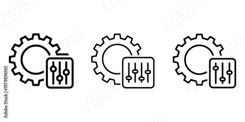 Gear and slider control panel icons for settings and configuration options, technology and mechanics interface elements