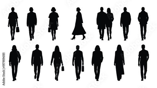 A collection of silhouette figures depicting diverse people walking showcasing varying clothing styles and body shapes high quality professional detailed modern