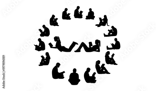 Reading people silhouette circle composition with book lovers relaxing poses vector isolated on white background