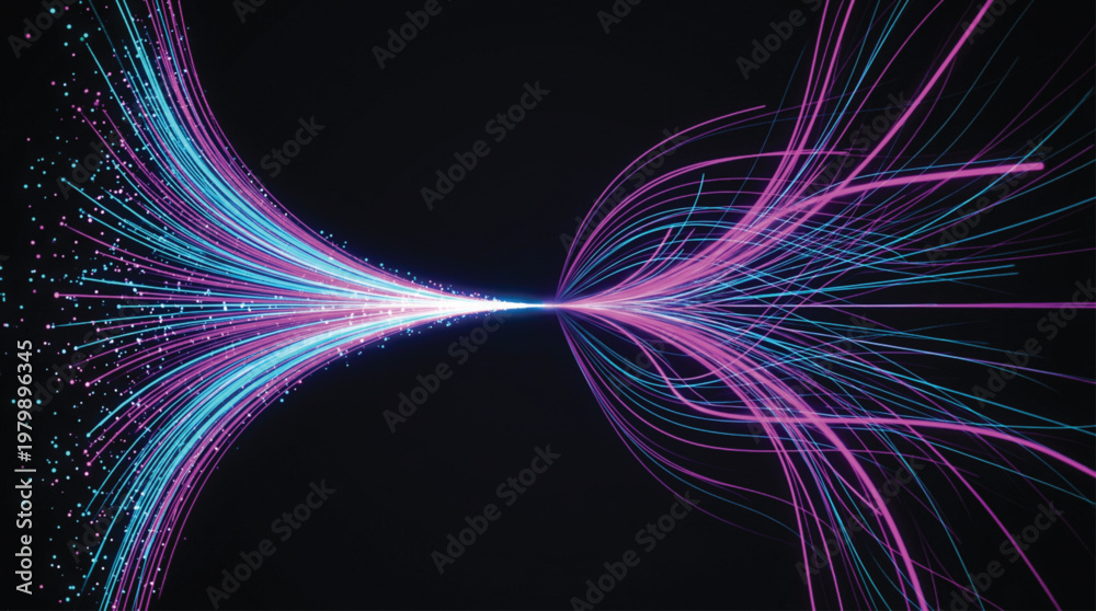 © SWEET - Abstract digital data stream with vibrant blue and purple glowing lines converging into central point representing high speed information transfer and networking technology.