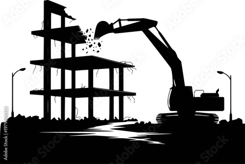 Silhouette of excavator demolishing a multi-story building with debris falling and streetlights