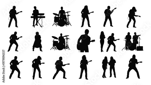 A collection of black silhouettes depicting diverse musicians performing with various instruments including guitars drums and keyboards high quality professional detailed