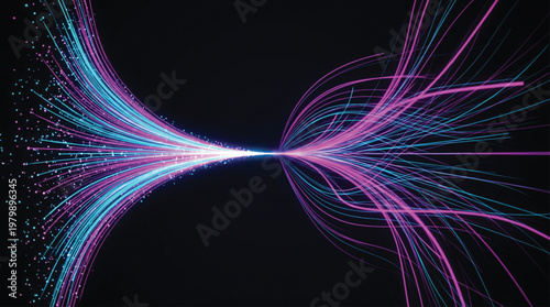 Tableau sur toile Abstract digital data stream with vibrant blue and purple glowing lines converging into central point representing high speed information transfer and networking technology