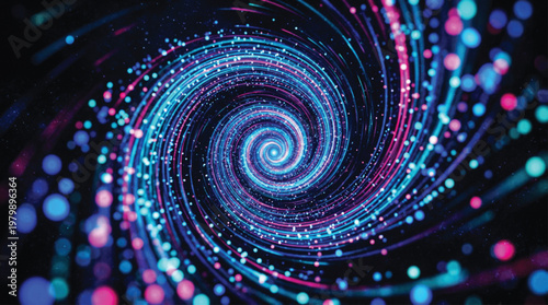 Vibrant blue and purple spiral tunnel of light particles creating hypnotic vortex effect representing deep space travel or high speed data processing in digital dimension.