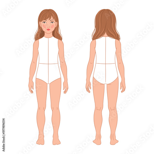 Valokuva Vector fashion figure template of a 6–7-year-old girl  featuring front and back