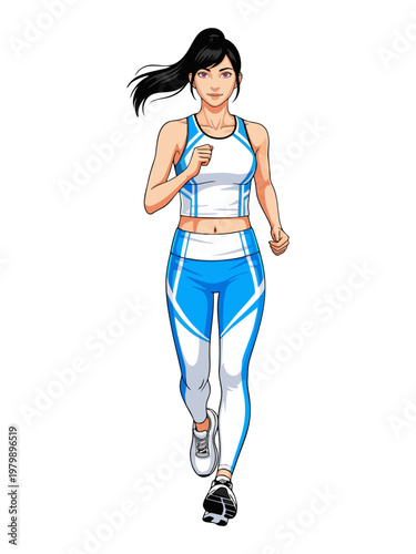 Full Body Illustration of a Fit Woman Jogging in Modern Blue and White Sportswear Isolated on White Background