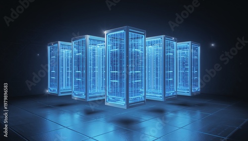 Futuristic Data Server Racks in Bright Blue Digital Network Environment