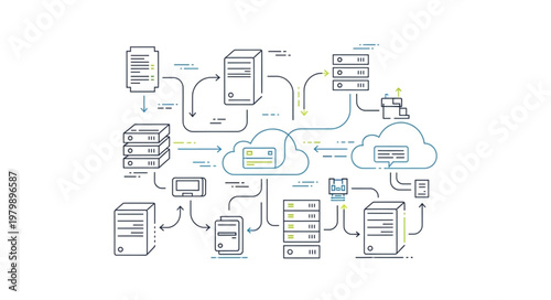 Simplified network infrastructure diagram with cloud servers and storage nodes.