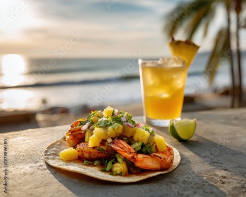 A taco with grilled shrimp and a pineapple salsa, tropical setting with ocean view in background