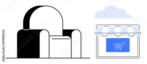 Furniture shopping, ecommerce, online retail, store branding, interior design, modern lifestyle. Minimalist armchair and digital storefront with shopping cart icon. Furniture shopping and ecommerce
