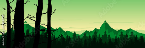 Spring morning green forest banner for eco tourism marketing