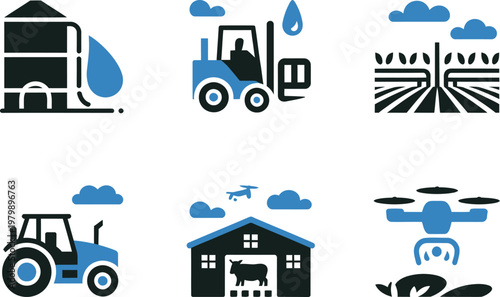 Set of agriculture and smart farming icons representing modern technology and sustainable practices for rural industry