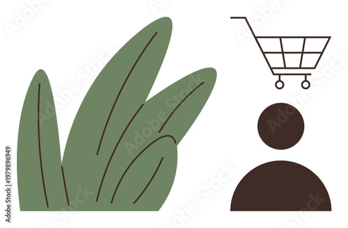 Environmentally conscious lifestyle, eco-friendly shopping, sustainability, consumer behavior, responsible consumption, nature. Minimalist design of a leaf, shopping cart and person. Eco-friendly