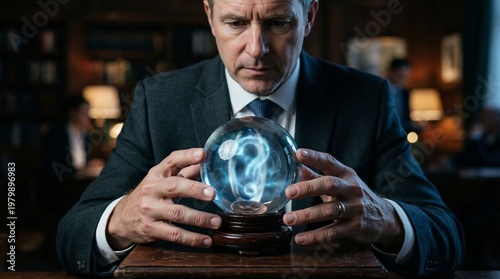 A Businessman Gazes Intently Into a Crystal Ball Revealing a Glowing Question Mark Within