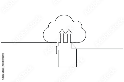 One line drawing of a cloud with upward arrows and documents for data sync and backup services