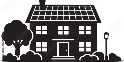 Solar powered house silhouette on transparent background with tree and lamp post