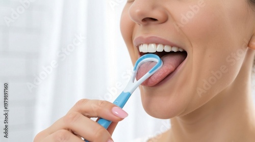 Close up of a woman using a tongue cleaner for fresh breath and oral hygiene