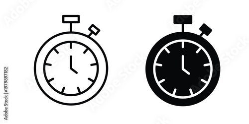 Stop watch icon. Flat and outline icons. Black icons
