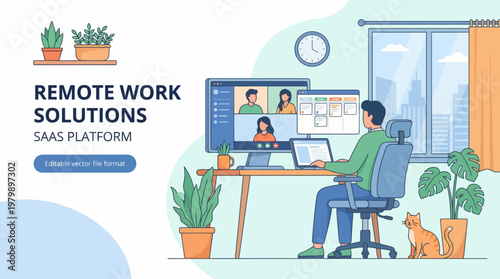 Remote worker on video call with colleagues using SaaS platform on computer