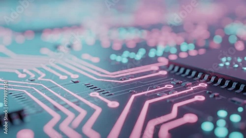 Circuit board closeup with glowing details.