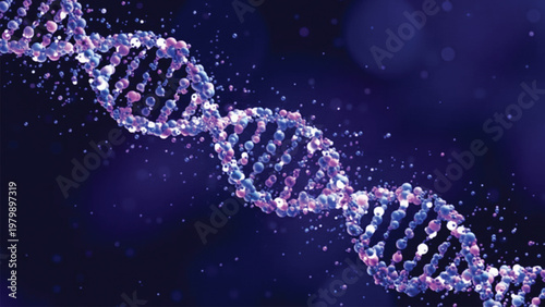 Dna double helix structure made of floating glowing colorful spheres in a 3D biological visualization representing genetic engineering and medical science research.