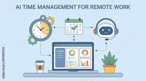 AI Time Management for Remote Work Concept with Laptop and Productivity Tools