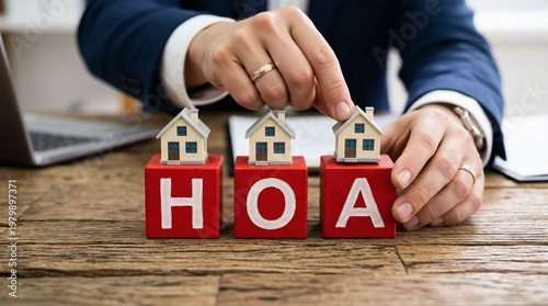 Homeowners association concept represented by miniature houses on alphabet blocks