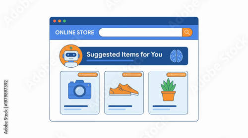 AI powered online store product recommendations on a computer screen with suggested items for you