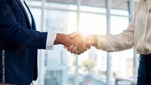 Professional Man in Suit and Woman in Blouse Shaking Hands Together Inside Bright Modern Office Near Windows