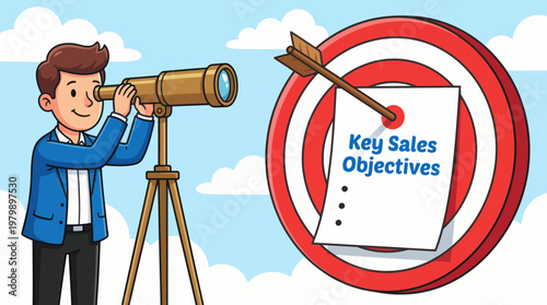 Businessman looking through telescope at key sales objectives target board