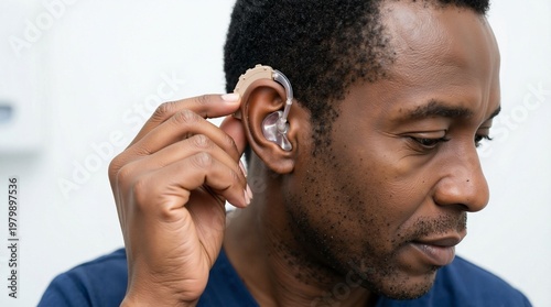 Man inserts advanced hearing aid into his ear for better auditory experience and improved