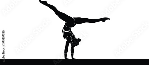 Gymnast handstand on balance beam silhouette illustration, gymnastics performance artwork, athletic balance design concept, black and white vector template set