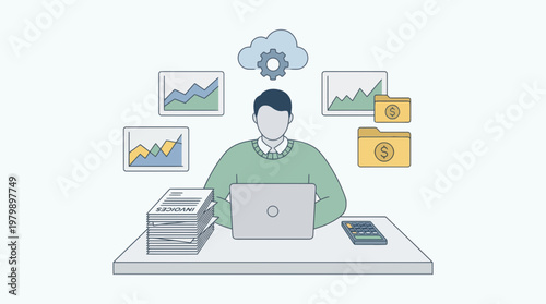 Accountant working on financial invoices and digital data isometric vector