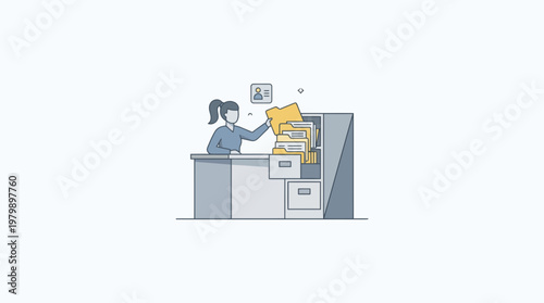 Office worker filing documents in cabinet flat line art vector graphic