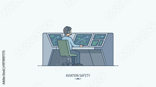 Air traffic controller monitoring flight radar screens in control tower