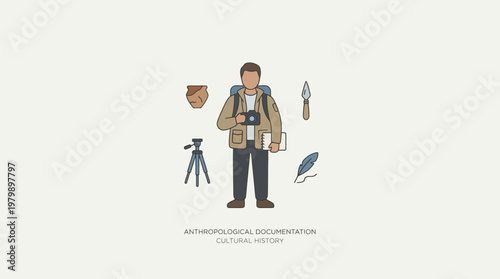 Anthropologist documenting cultural history with camera and notebook tools