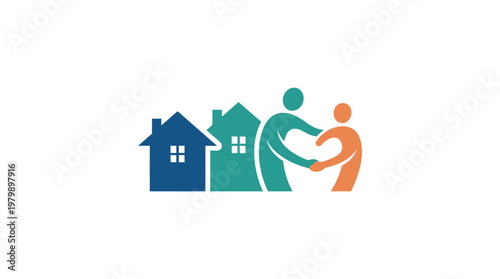 Real Estate Logo with Houses and Handshake