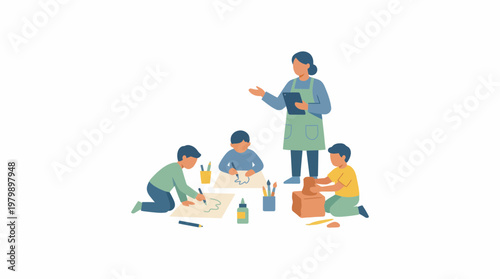 Teacher instructing children during art class with creative school supplies