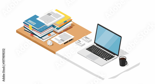 Isometric Office Desk Illustration with Cluttered Paperwork and Clean Laptop Workspace Representing Organization and Productivity
