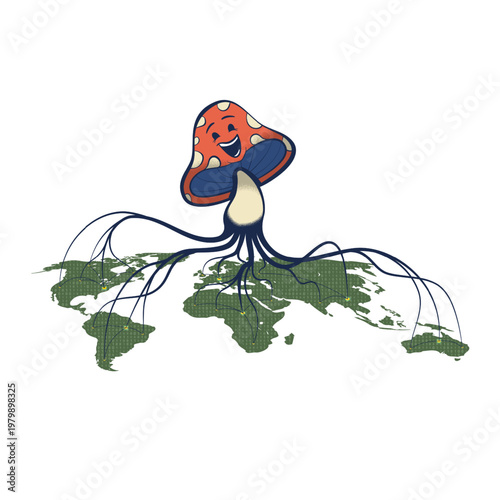 Retro Cartoon Mushroom Mycelium Roots on World Map with Binary Code — Global Network Vector