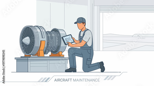 Mechanic performing professional aircraft engine maintenance in hangar
