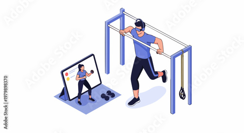 Isometric Illustration of Man Exercising with VR Goggles and Online Personal Trainer App - Metaverse Fitness and Smart Home Workout Concept